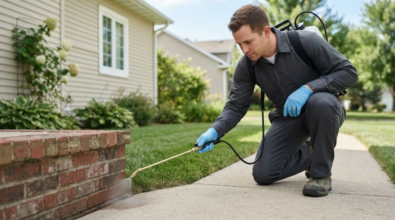 Pest control technician treating a home near Eola, IL