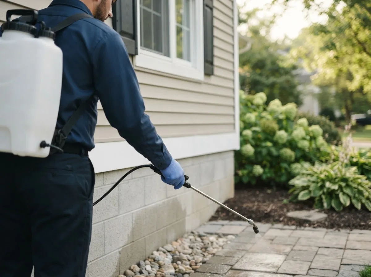 Pest control technician inspecting a home in Eola, IL